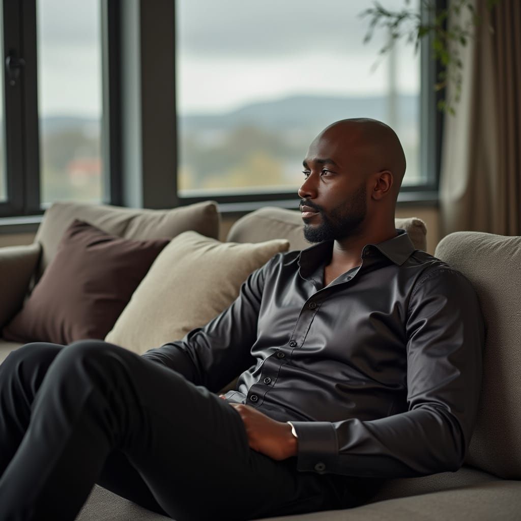 Bald Black Man Lounging in Modern Living Room