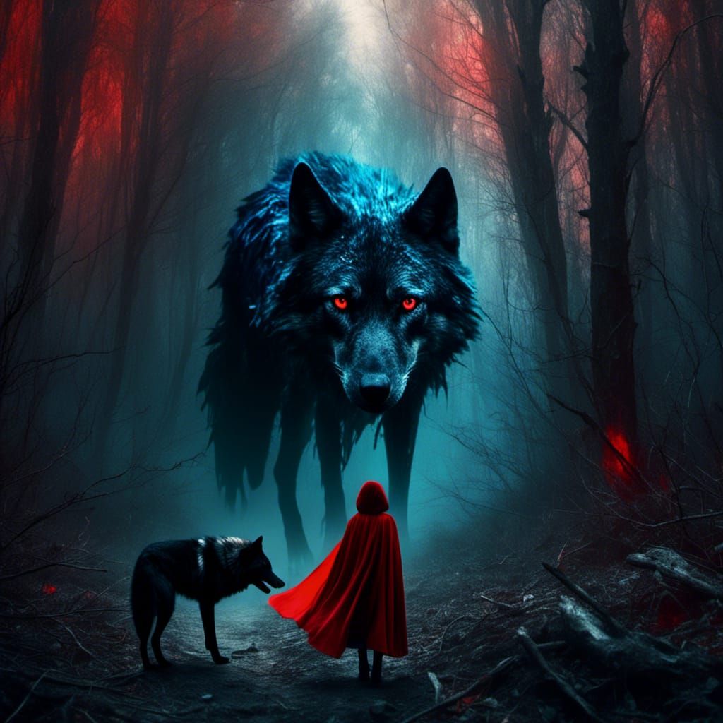 Little Girl and Wolf in Macabre Forest