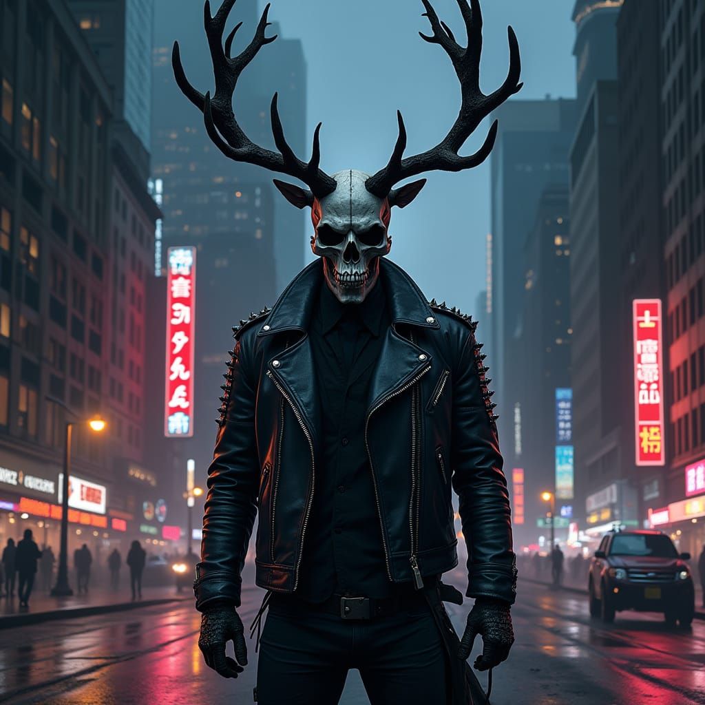 Cyberpunk Skull Rider Hero Emerges Amidst City Night