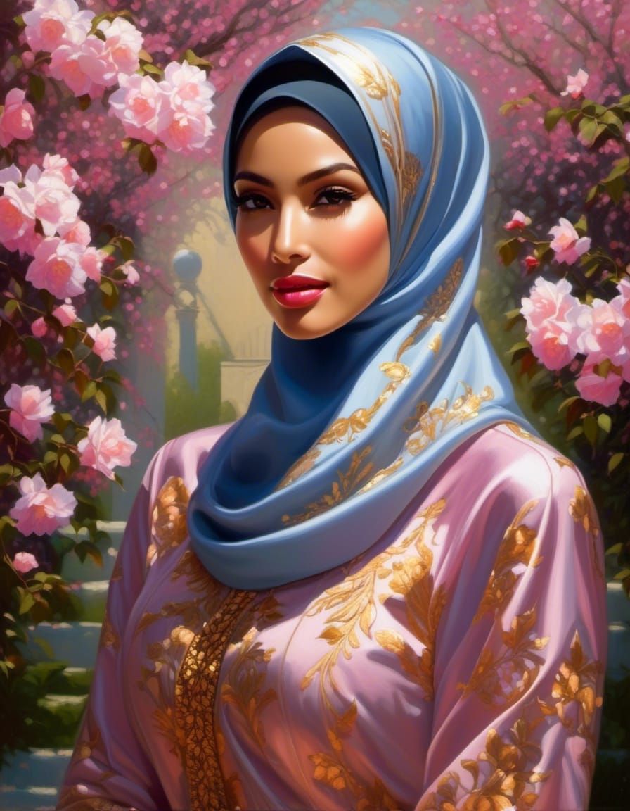 Elegant Hijabi Woman in Sakura Garden, Oil Painting