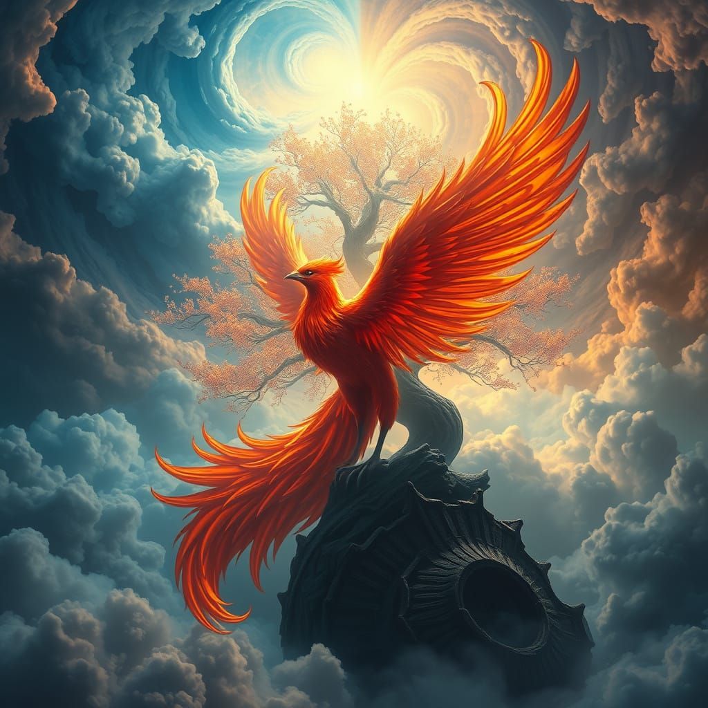 Surreal Phoenix in a Kaleidoscopic Cloudscape