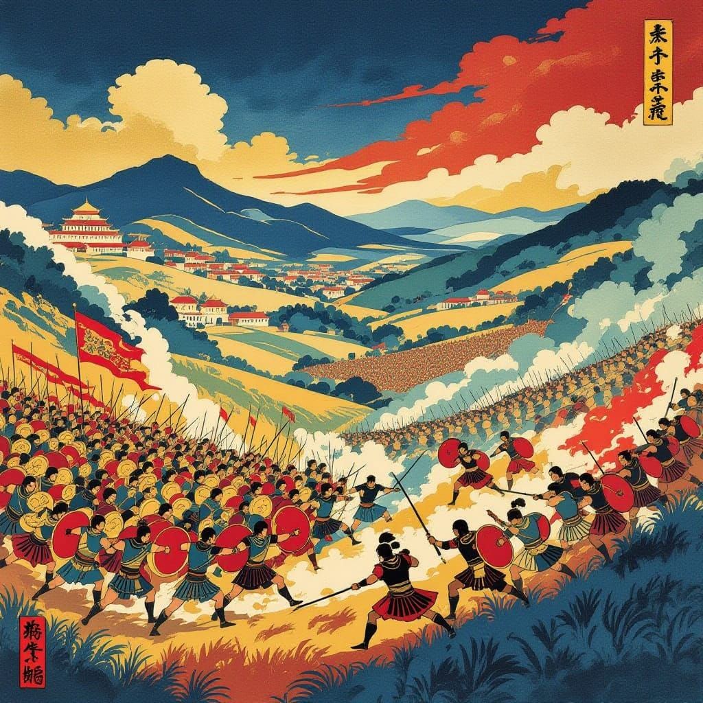 Vivid ukiyo-e style Futuristic Roman Empire..  great battle ...