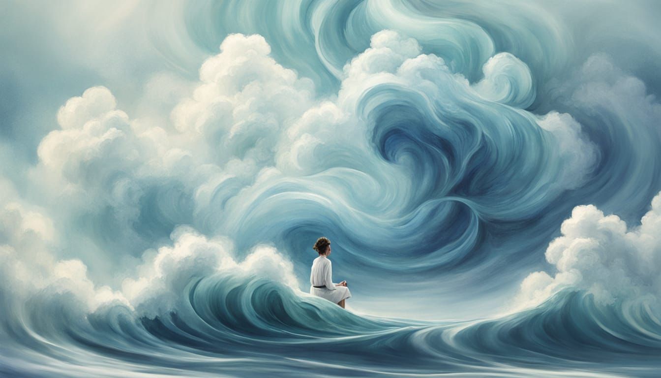 Person Meditating on Cloud in Serene Digital Painting Style