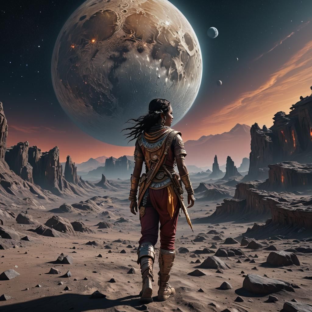 Indian Girl's Lunar Exploration: Detailed Matte Painting