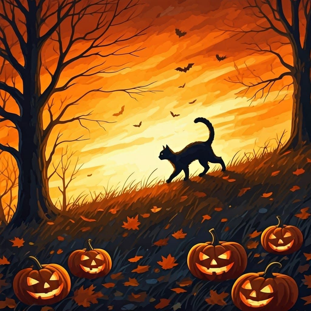 Black Cat Silhouette at Autumn Sunset, as Impasto Painting