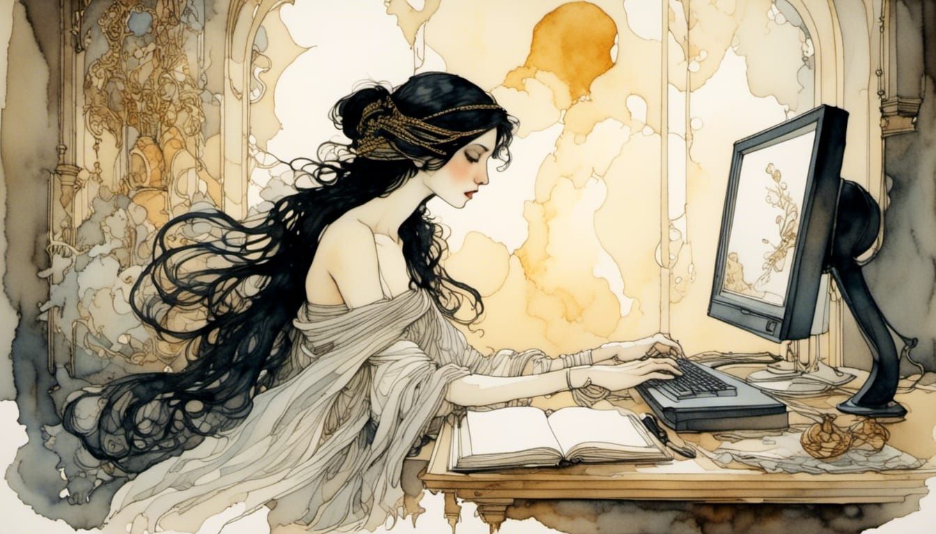 Woman at Desk in Arthur Rackham Watercolor Style