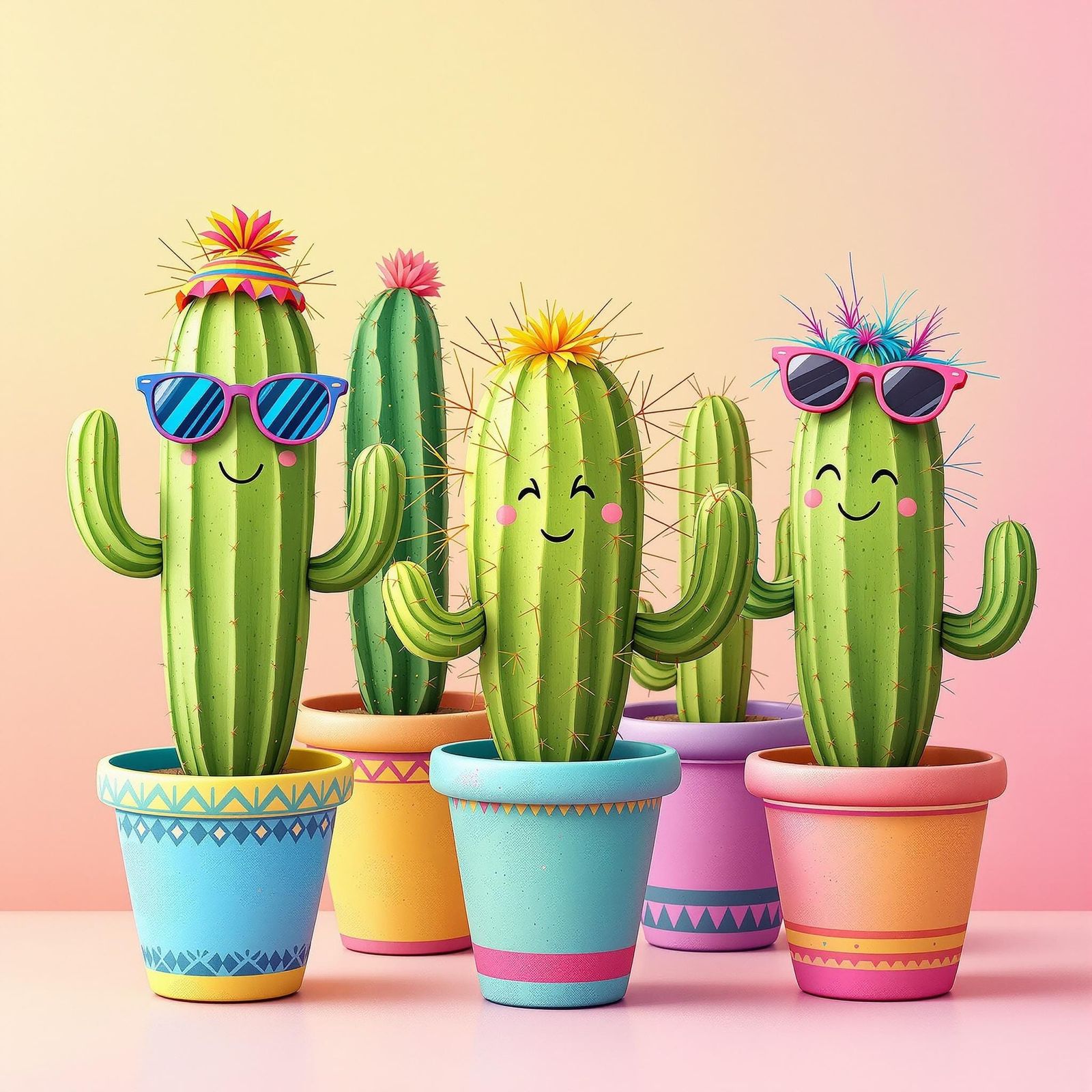 Cheerful Cacti with Unique Expressions in Abstract Art
