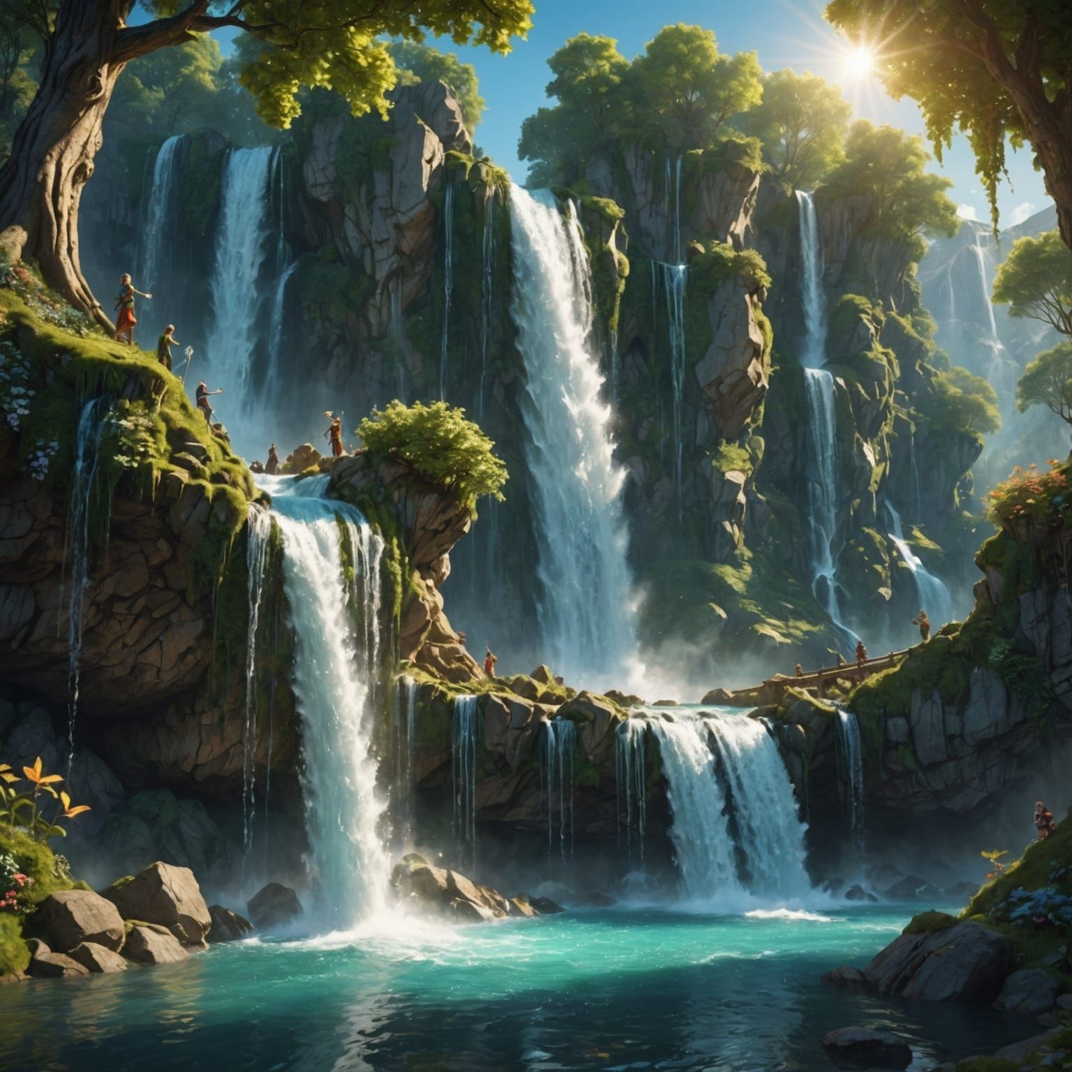 Elven Kingdom Waterfall in Hyperrealistic Splash Art