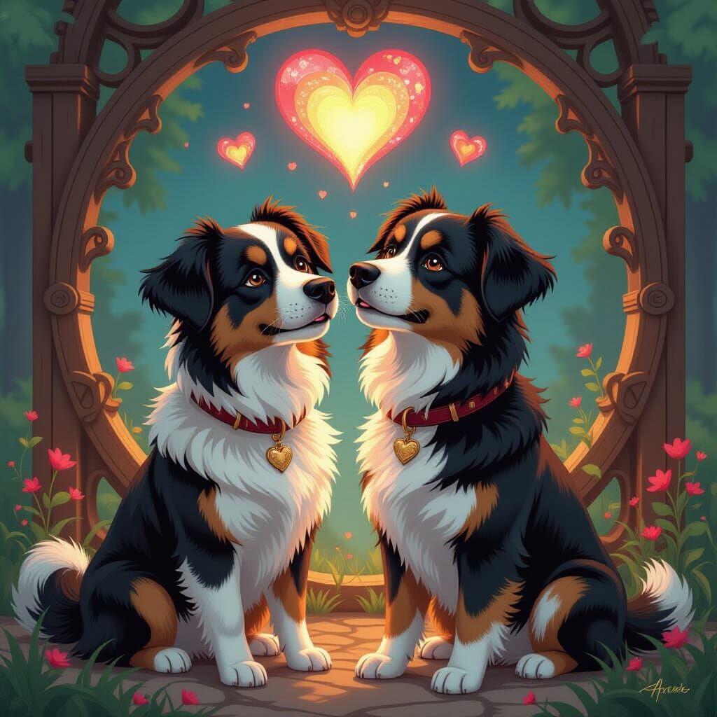Two Dogs in Love with Hearts, Dynamic Lighting Splash Art