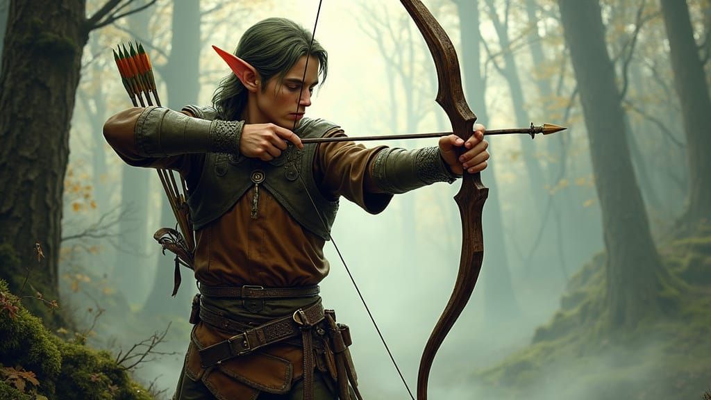 Elf Archer in Misty Forest, Fantasy Illustration