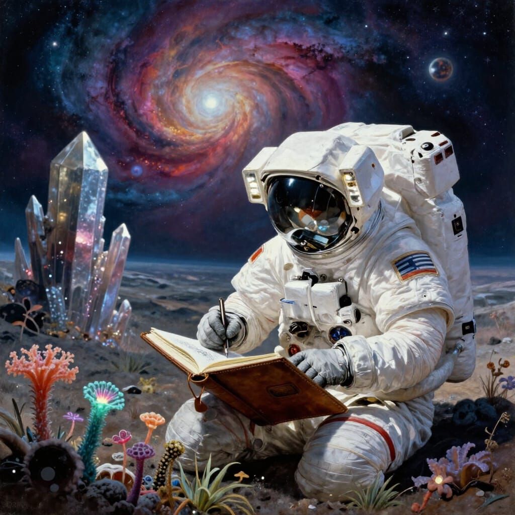 Astronaut Sketches Alien Life on Vibrant Nebula Planet