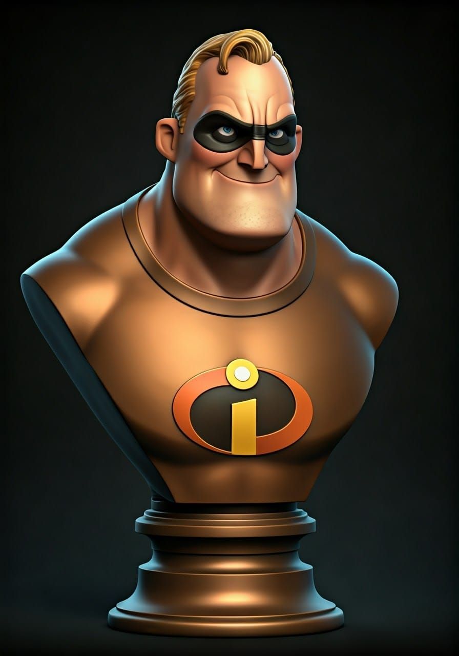 Hyper-Realistic Bronze Bust of Mr Incredible in Dynamic Pose