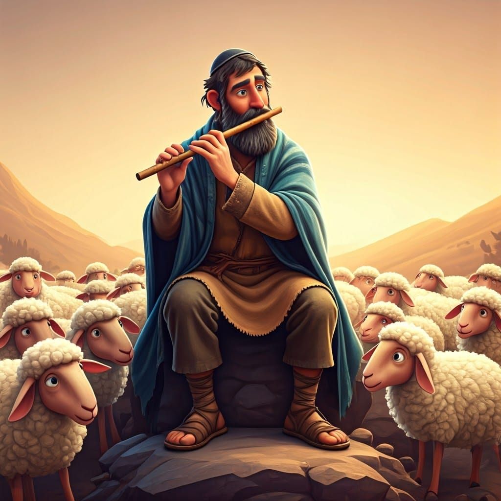 A Whimsical 3D Shepherd Plays the Flute Amidst a Flock of Sh...