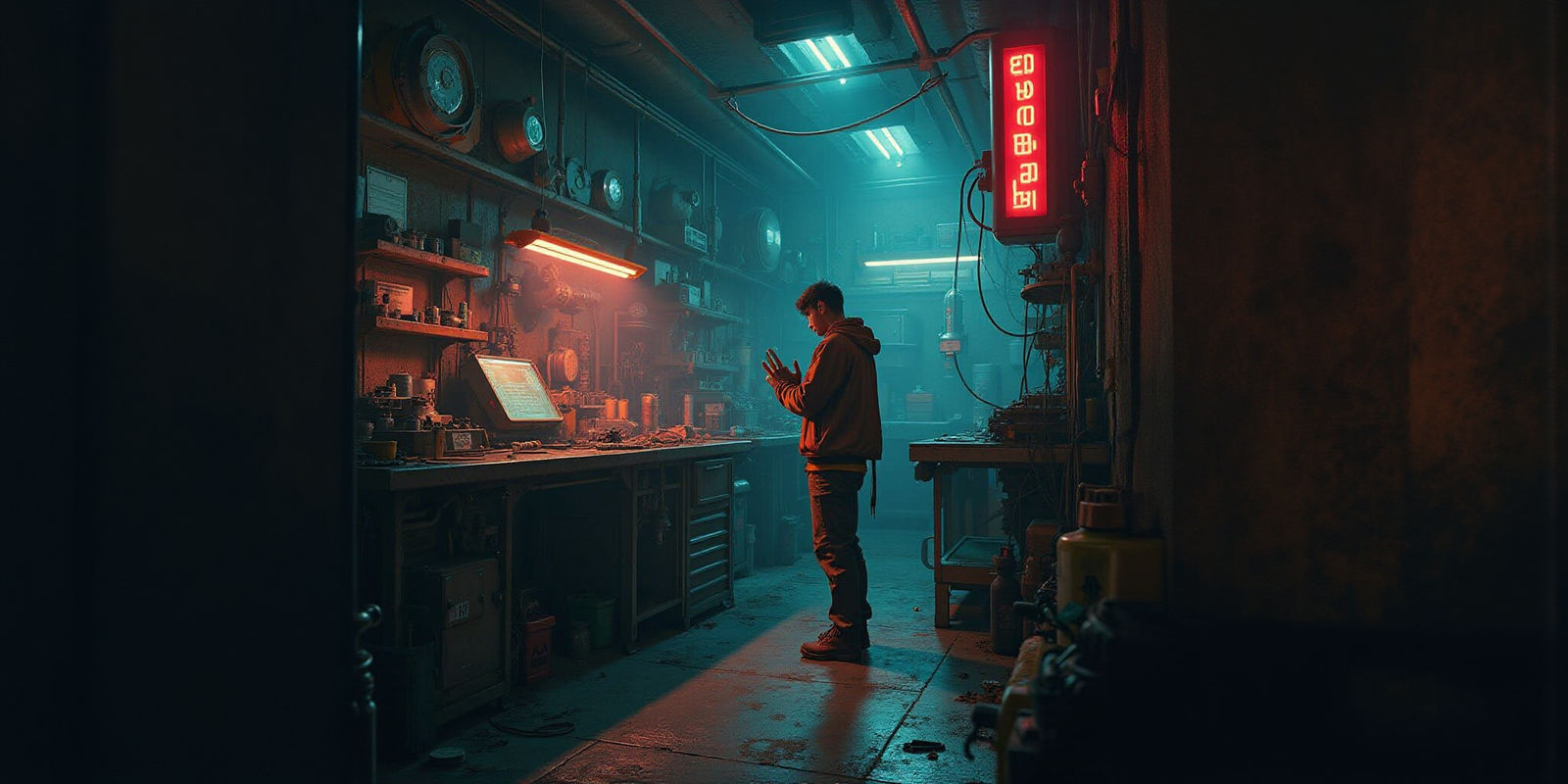 Cyberpunk Mechanic in Gritty, Neon-Lit Workshop