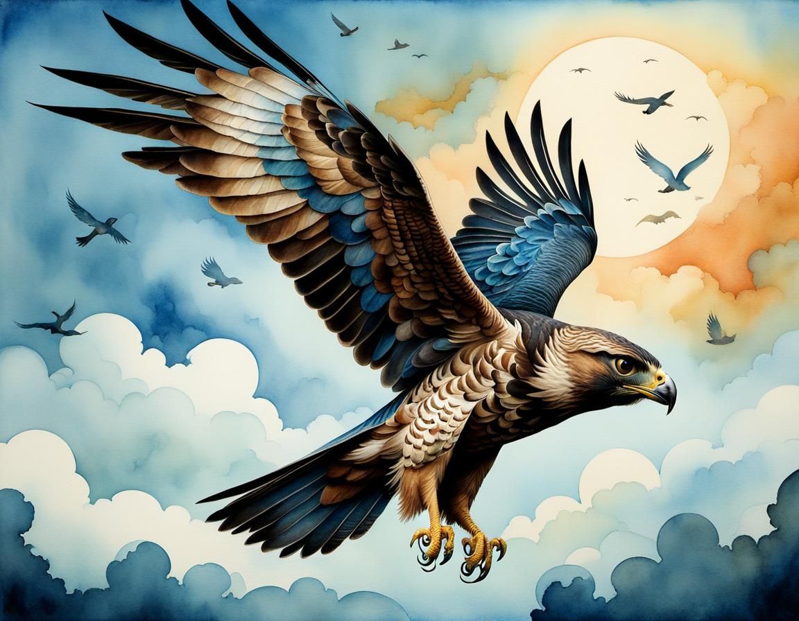 Hawk in Flight: Whimsical Watercolor Storybook Illustration