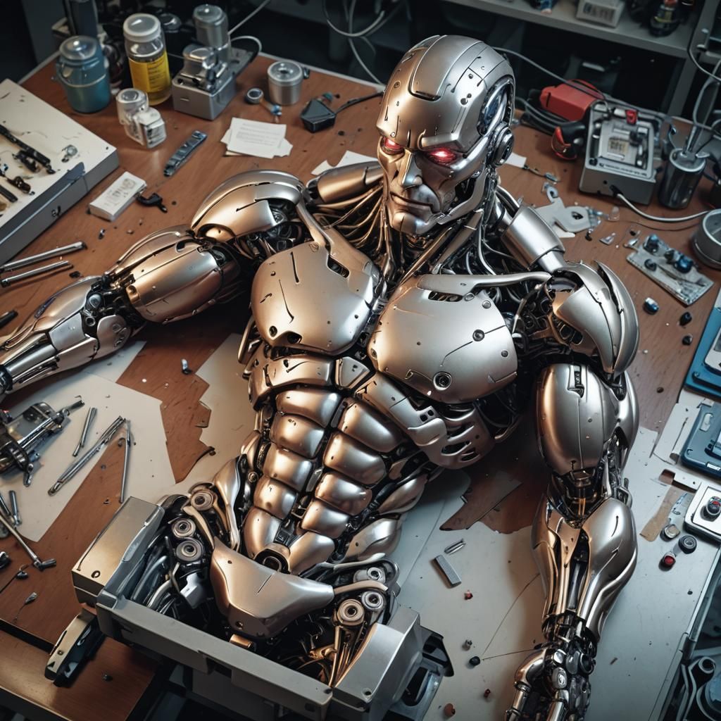 Disassembled Muscle Robot in Laboratory: Hyperrealistic Spla...