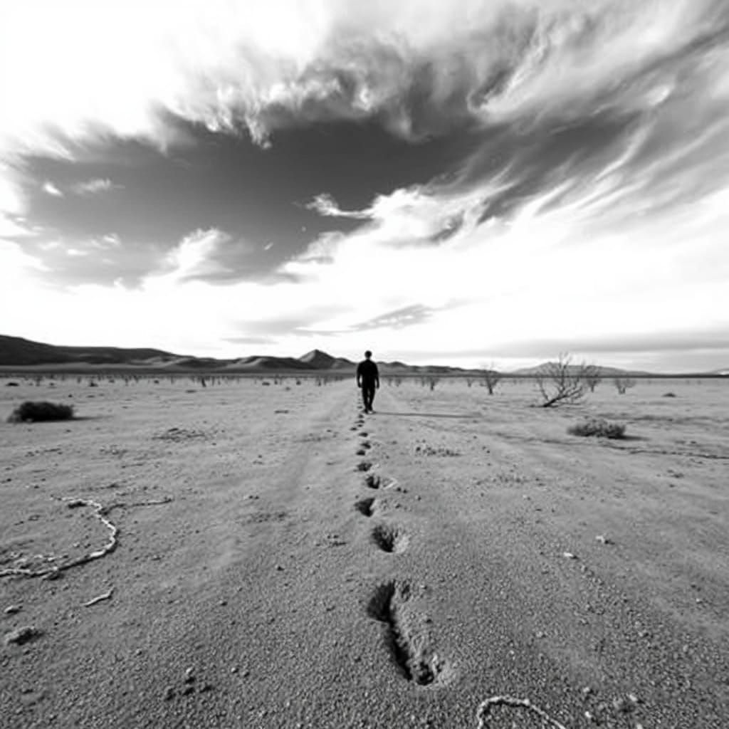 Lone Figure in Stark Windswept Landscape Photograph
