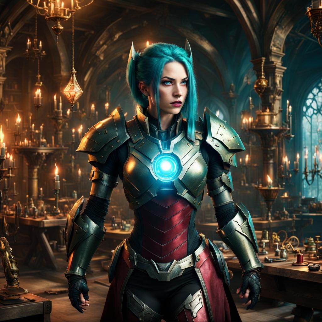 Jinx in Medieval Iron Man Armor in Workshop