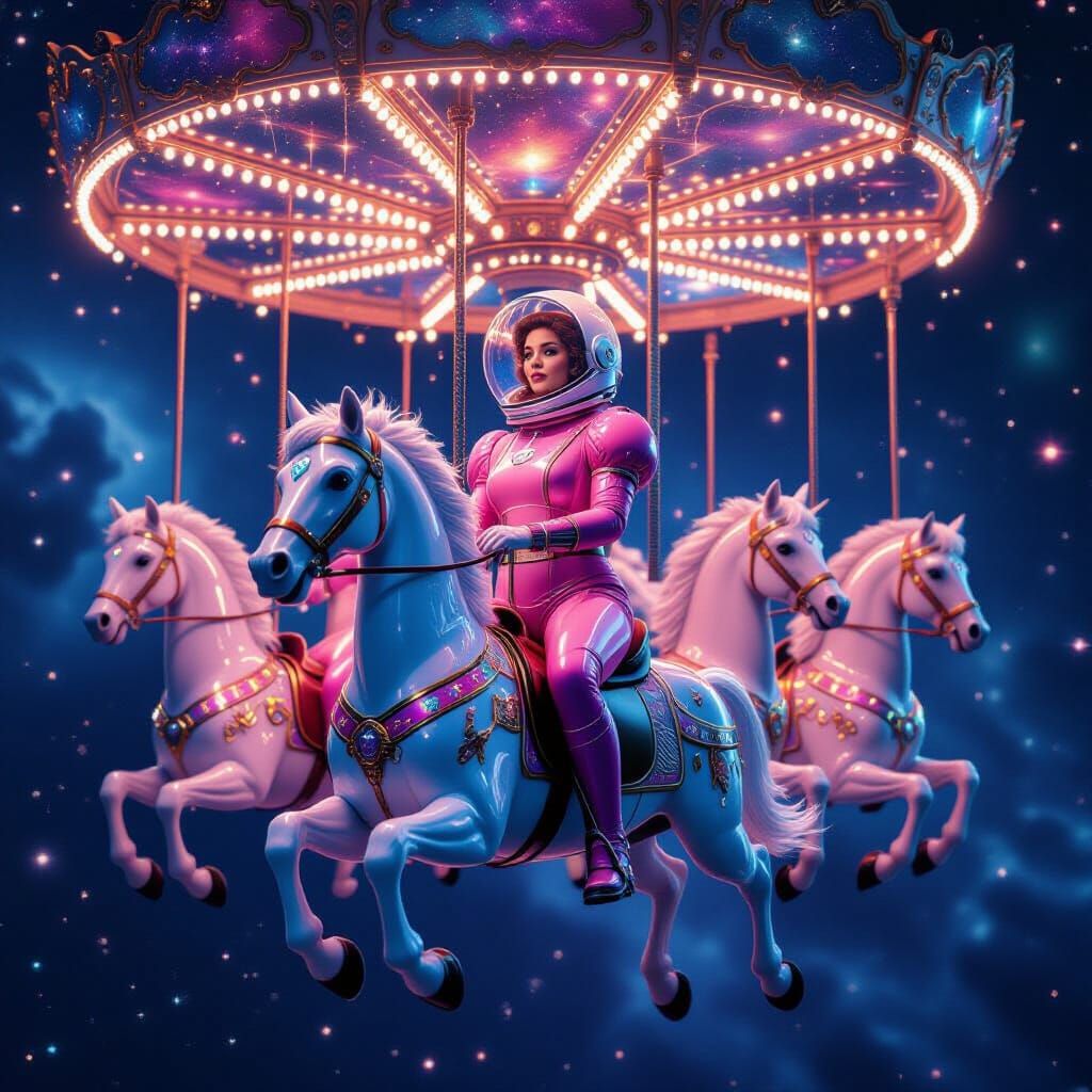 Galactic Carousel in Space with Cosmic Steeds and Astronaut