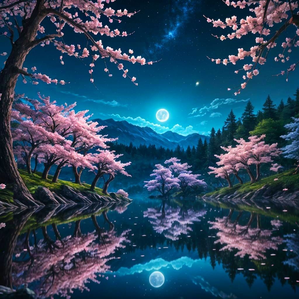 Cherry Blossom Forest Lake at Night: Anime Style