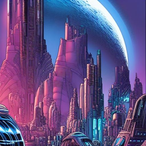 Futuristic Moon Megacity in Comic Book Art Style
