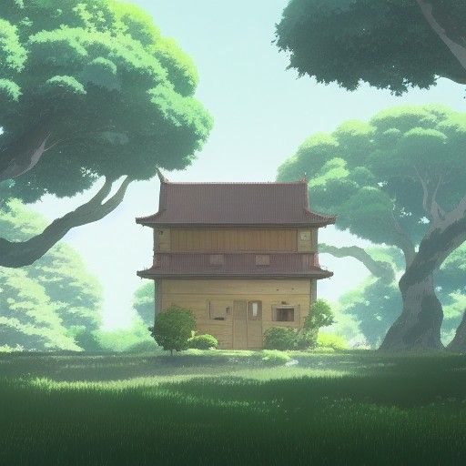 Anime House Surrounded by Trees in Ghibli Style