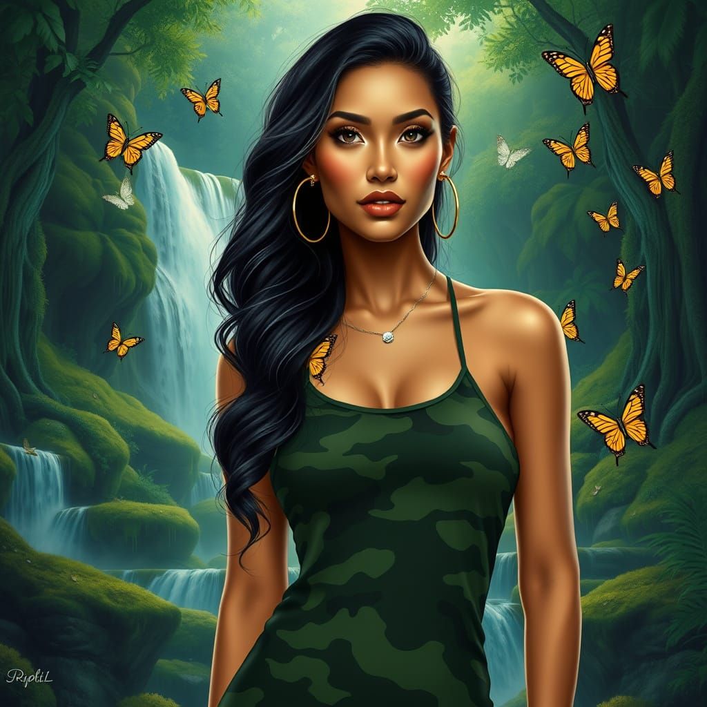Regal Thai American Woman in Vibrant Forest Landscape