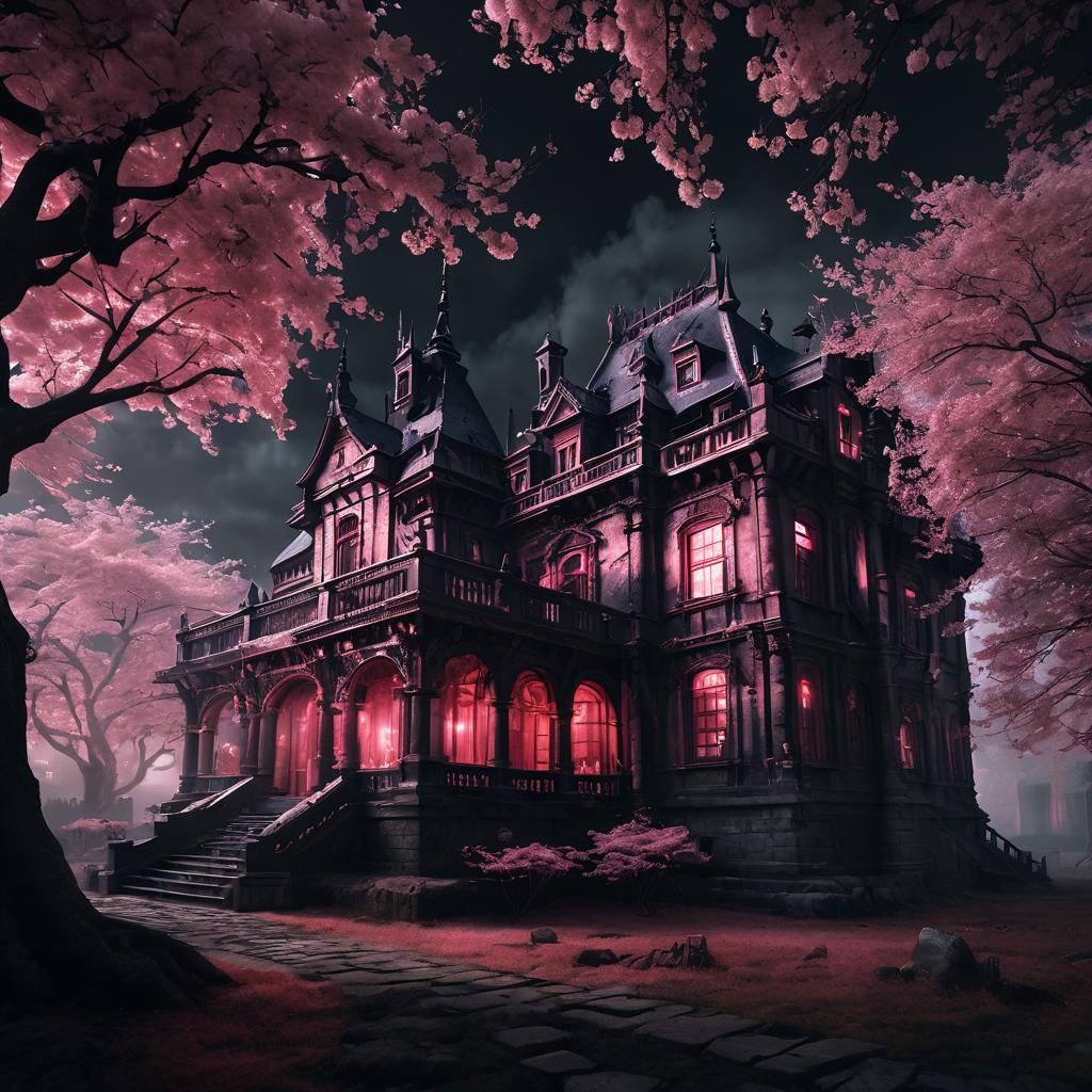 Crimson Pink Cherry Blossoms in Gothic Cityscape