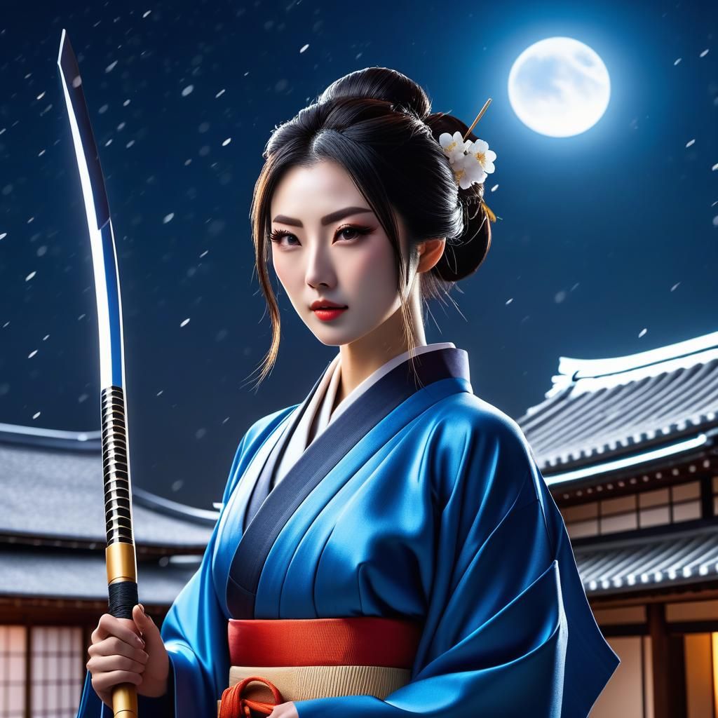 Japanese Woman with Spear in Winter Courtyard