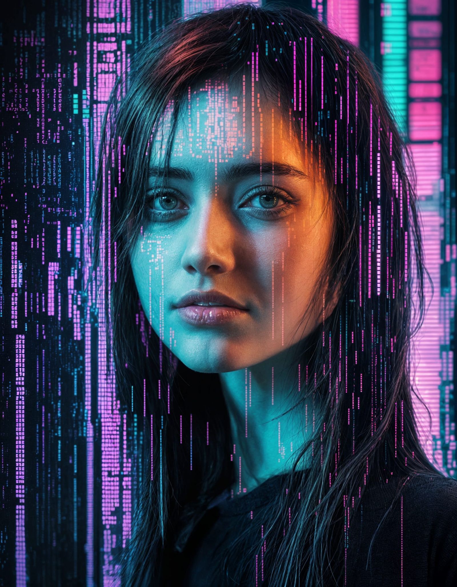 A Cyberpunk Portrait of a Young Woman in Digital Decay