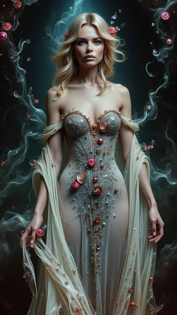 Dreamy Enchantment: Beautiful Woman in a Flowing Silk Gown