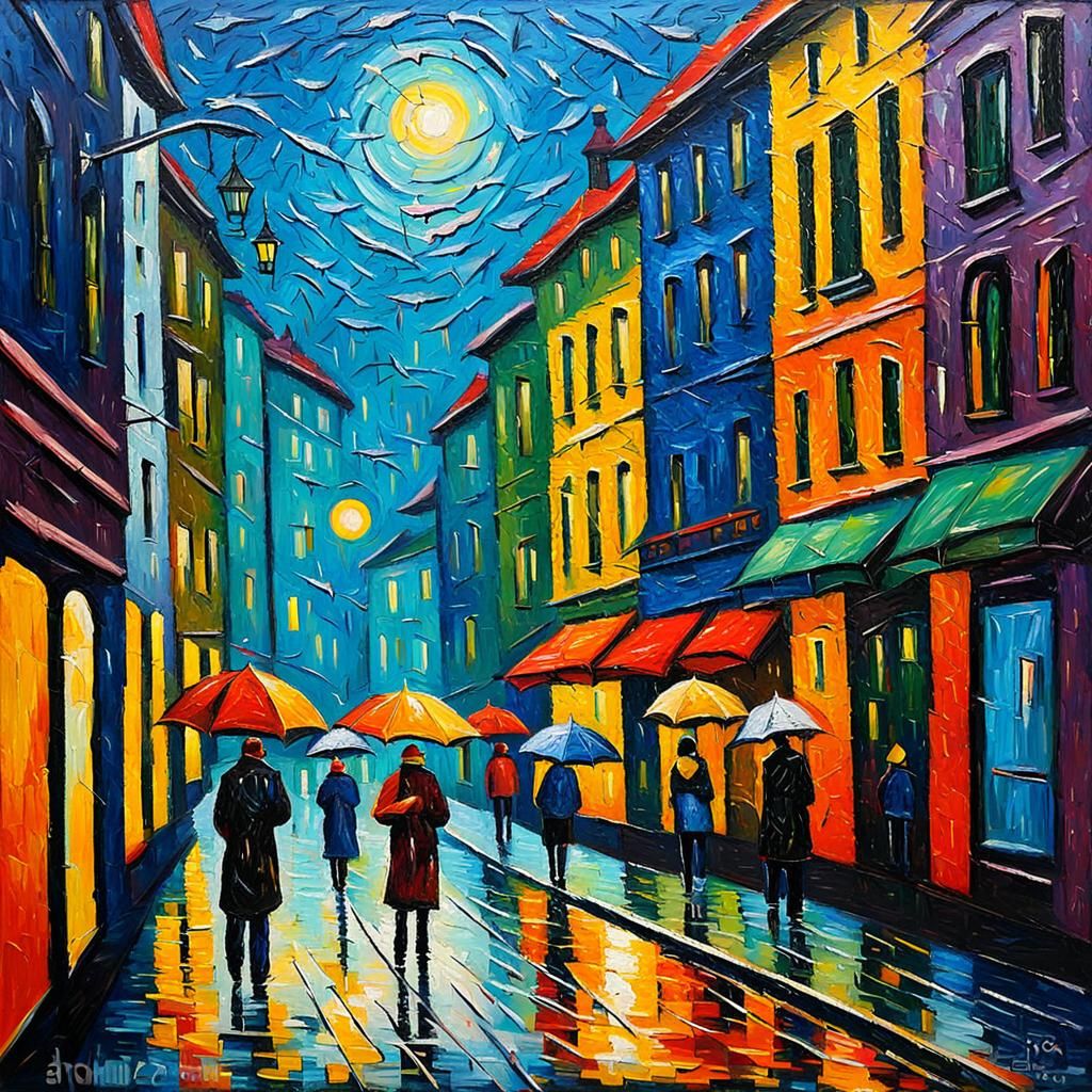 Fish in Rainy Cityscape: Expressionist Oil Painting