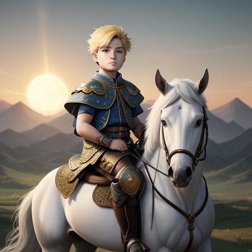 Boy on White Horse Under Golden Sun