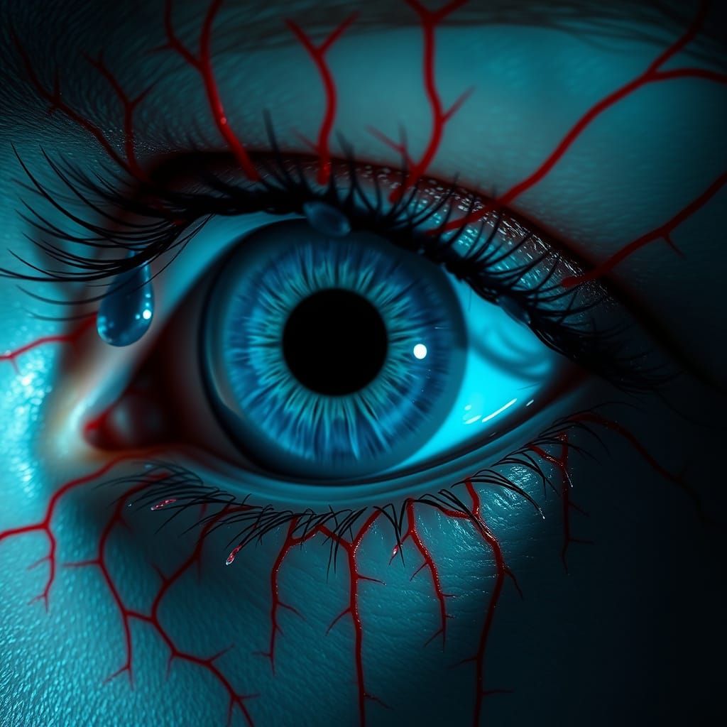 Hyperrealistic Eye with Red Veins and Gnarly Eye Drops in Vi...