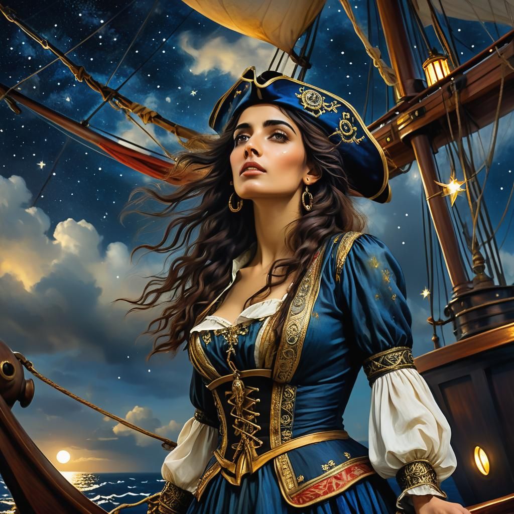 Woman Pirate at Ship's Helm in Pre-Raphaelite Style