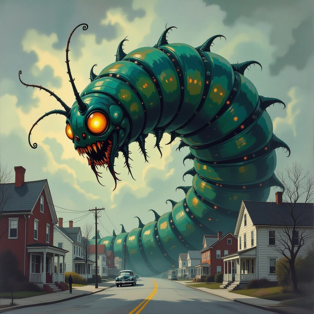 Eldritch Caterpillar Consumes Town: Gothic Expressionism