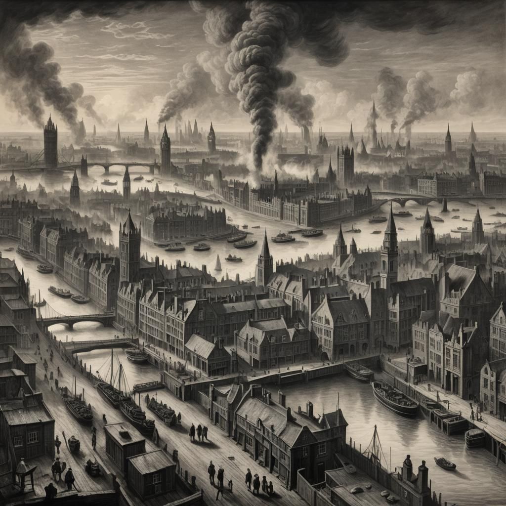 Industrial Revolution London: A Detailed Charcoal Drawing