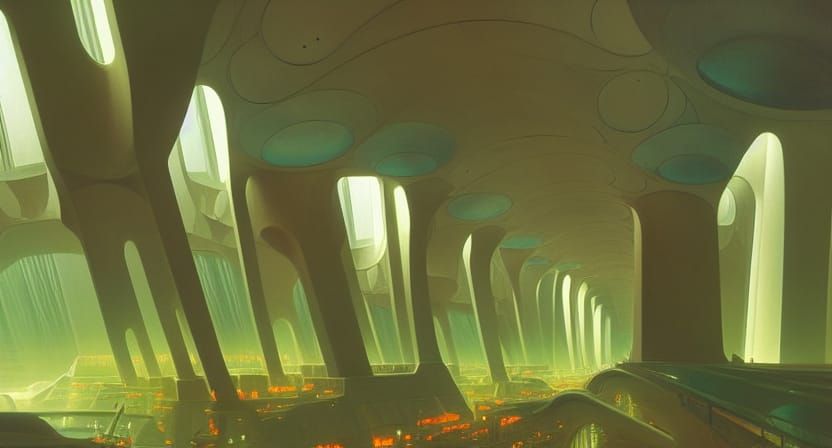 Futuristic Underground City Arcology with Waterfalls