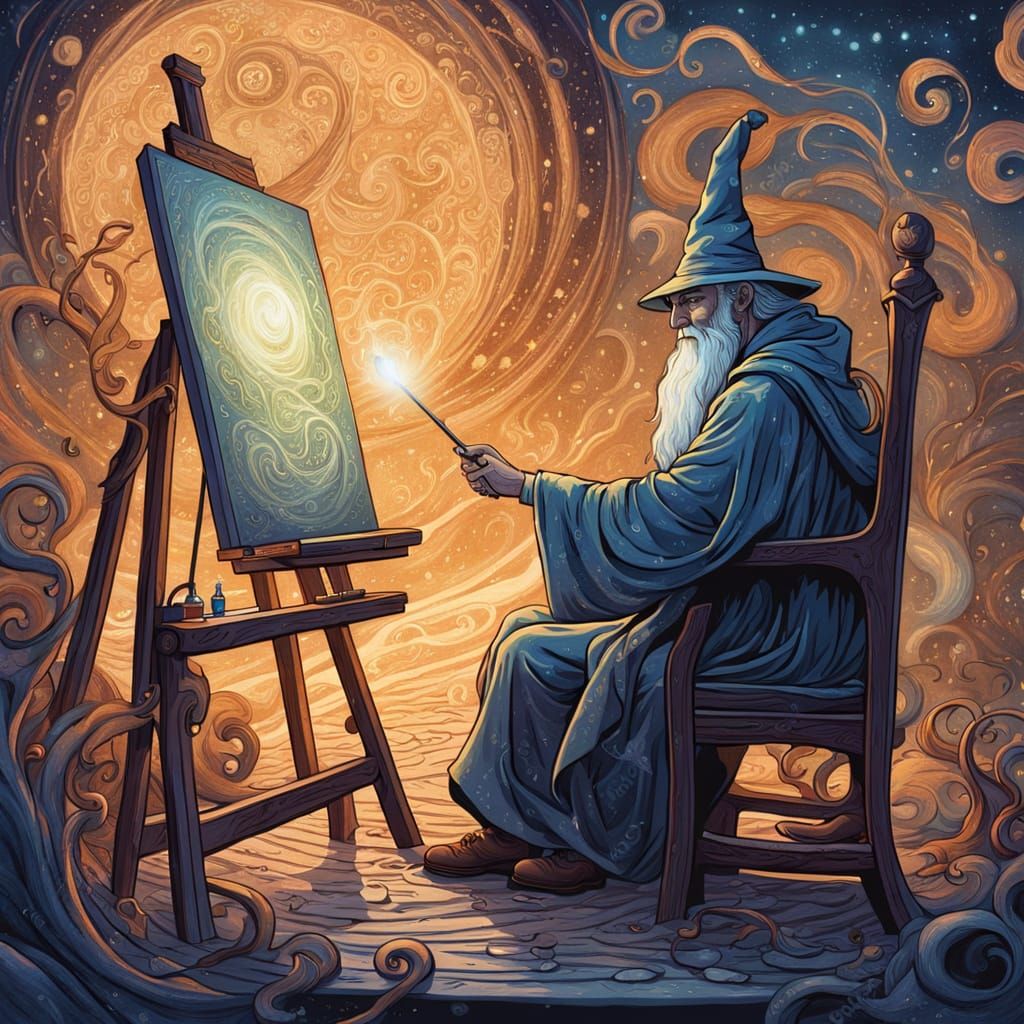 Wizard Painting Fantastical Landscape in Art Nouveau Style