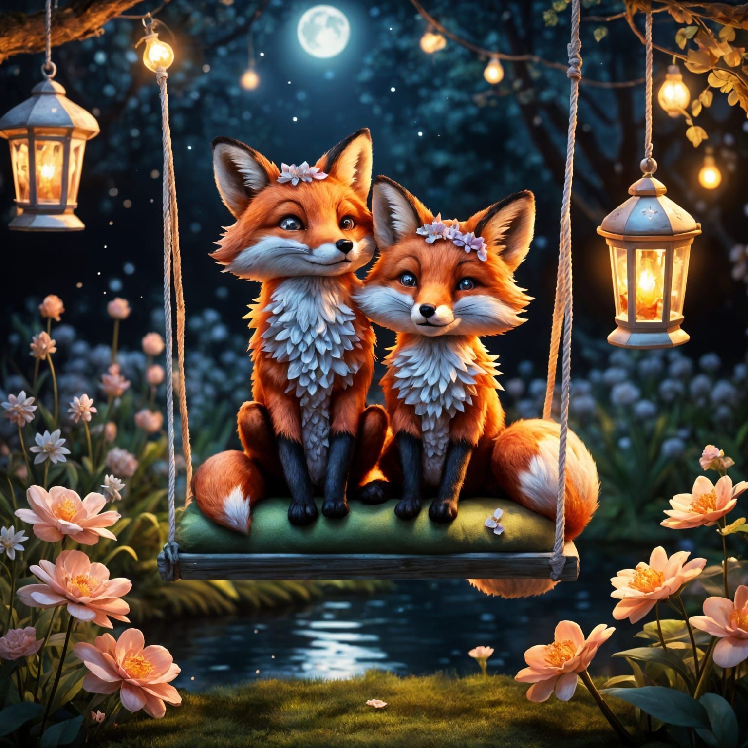 Stunning Fox Couple in Enchanted Night Garden