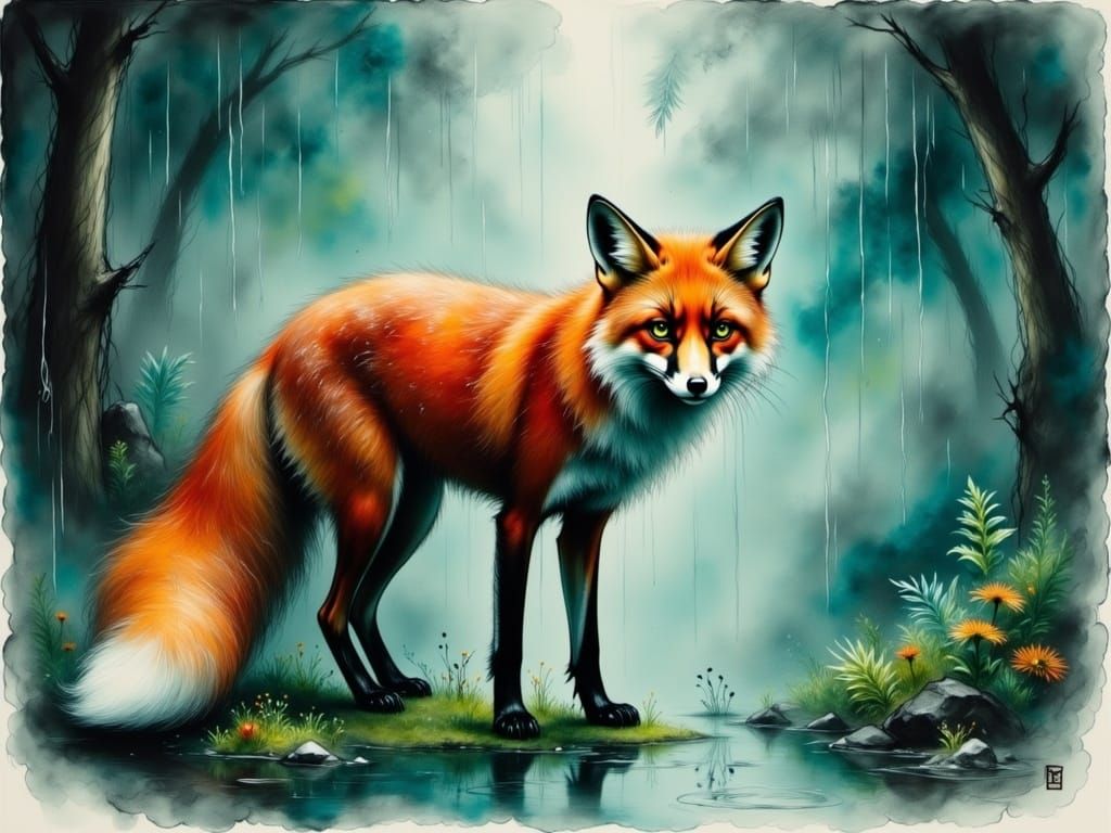 Sleek Fox Stands Alert on Mossy Forest Floor Under Heavy Rai...