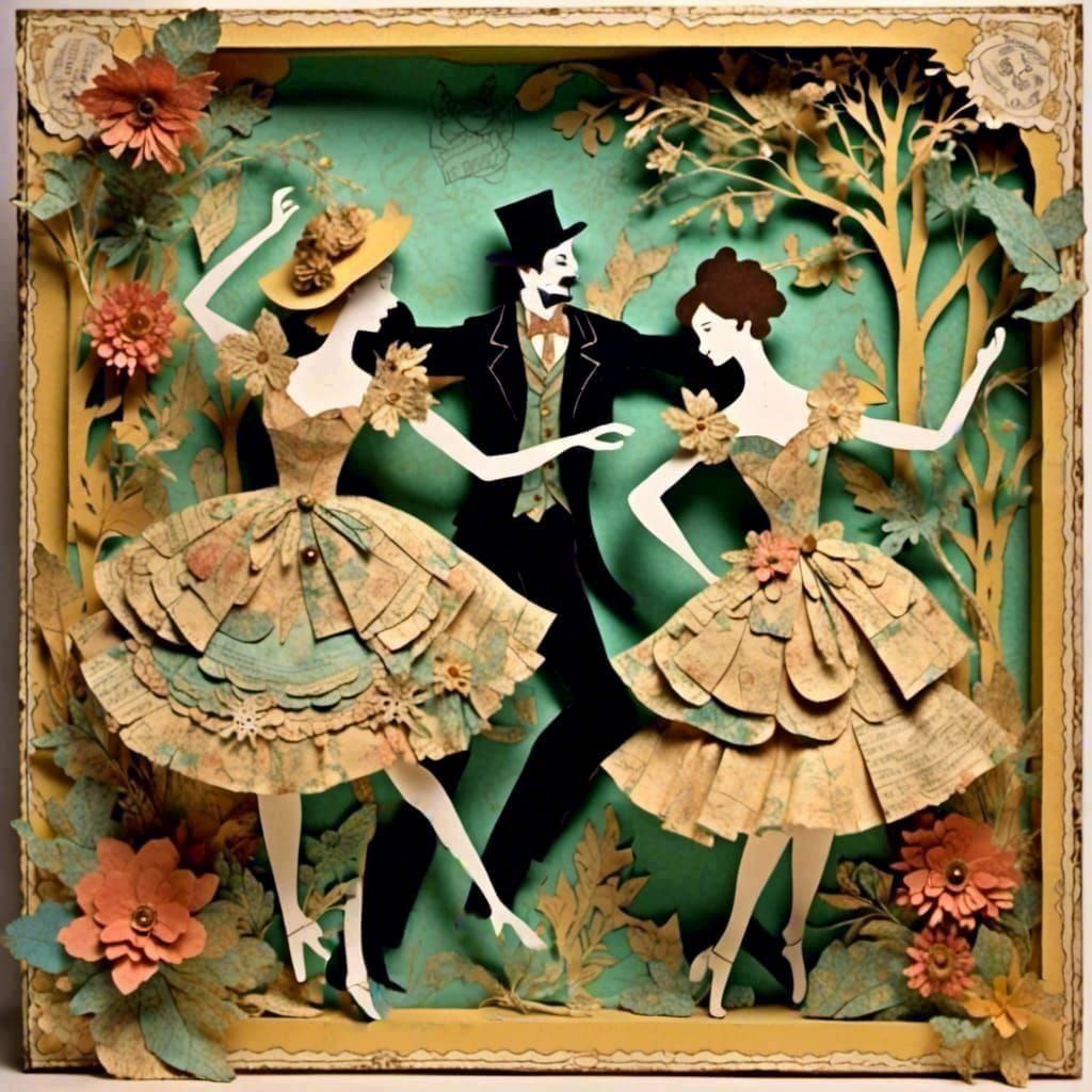 Cheerful Dancers in Antique Paper Shadowbox