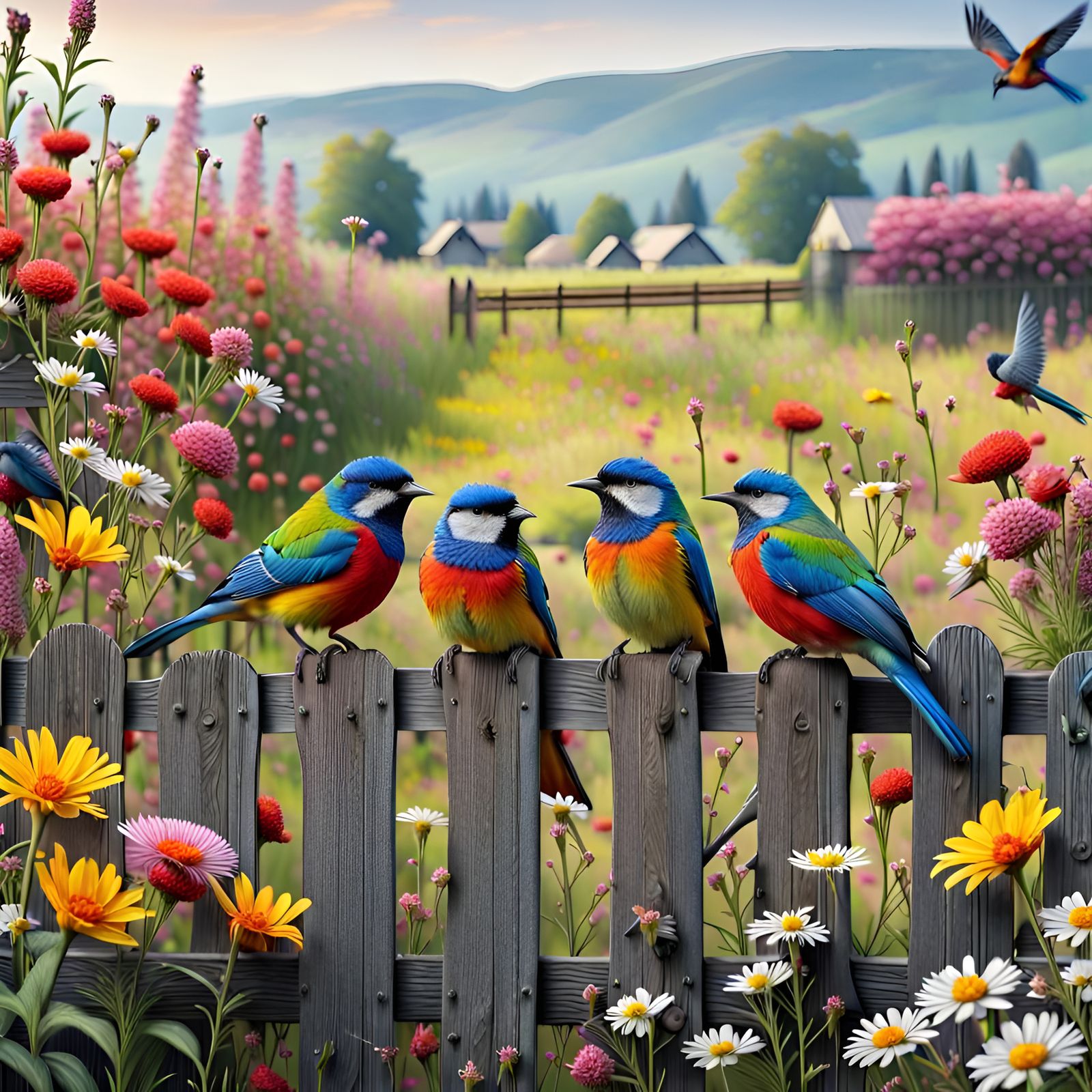 Colorful Birds on Fence in Flower Meadow