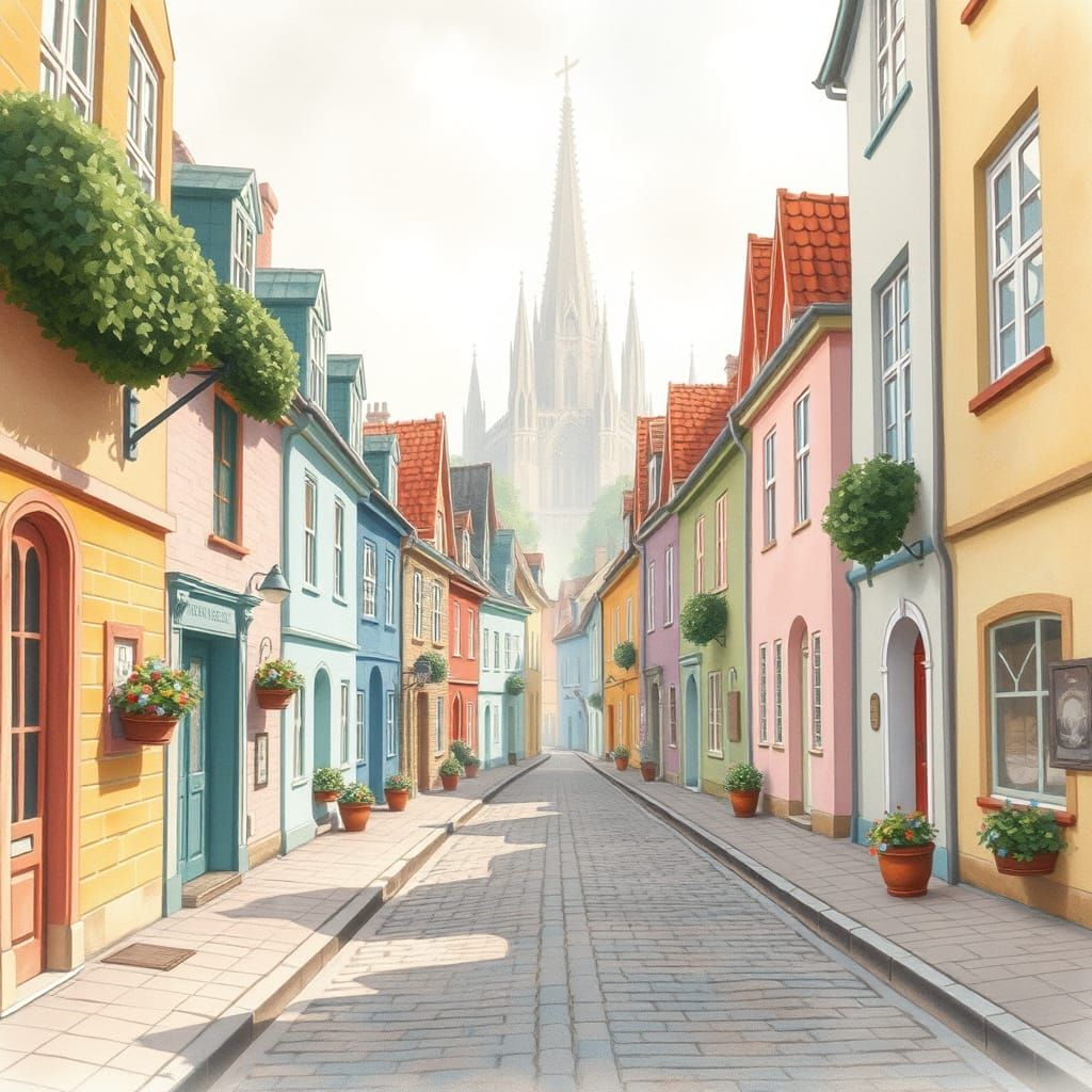 Whimsical Cobblestone Street in Watercolor Style
