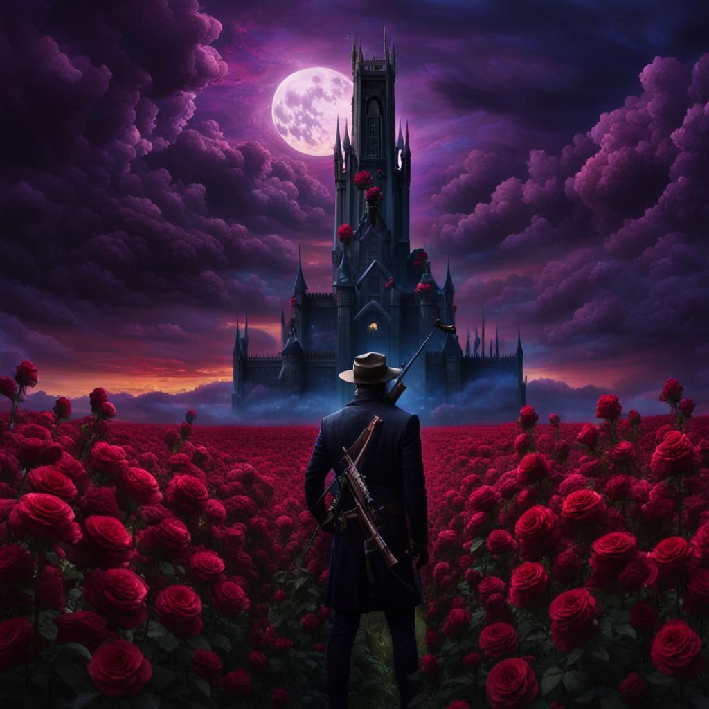 Dark Fantasy: Man with Rifle in Rose Field