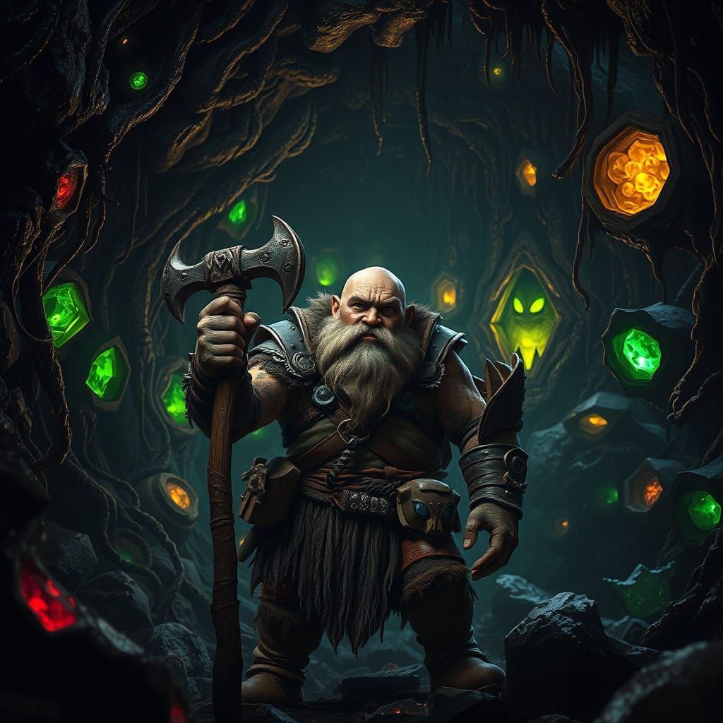 Battle-Hardened Dwarf Miner in Dark Fantasy Cavern