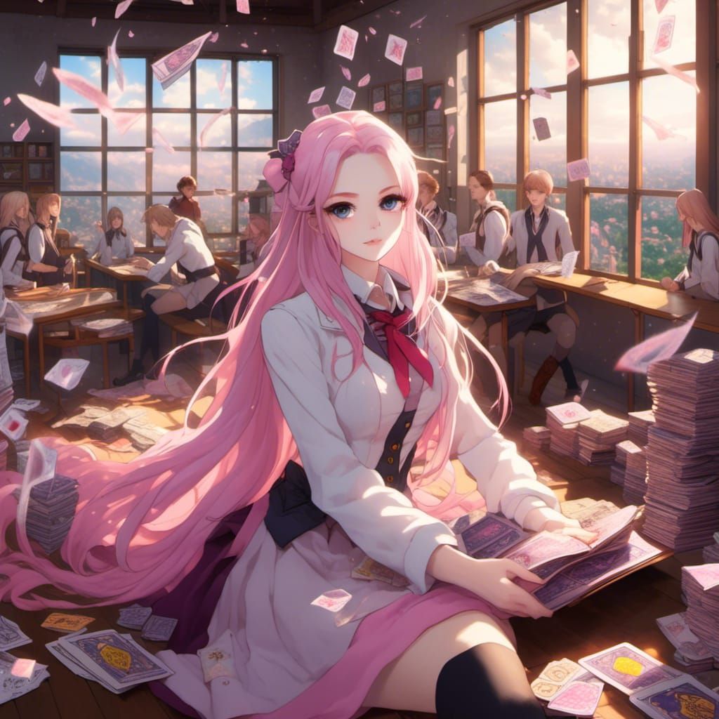 Anime Girl Surrounded by Tarot Cards in Classroom