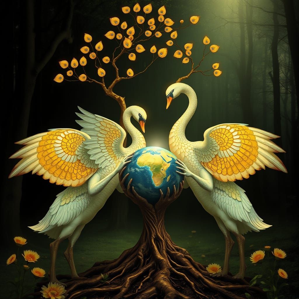 Surreal Swan Goddess Rises with Golden Period Wings, Cradlin...