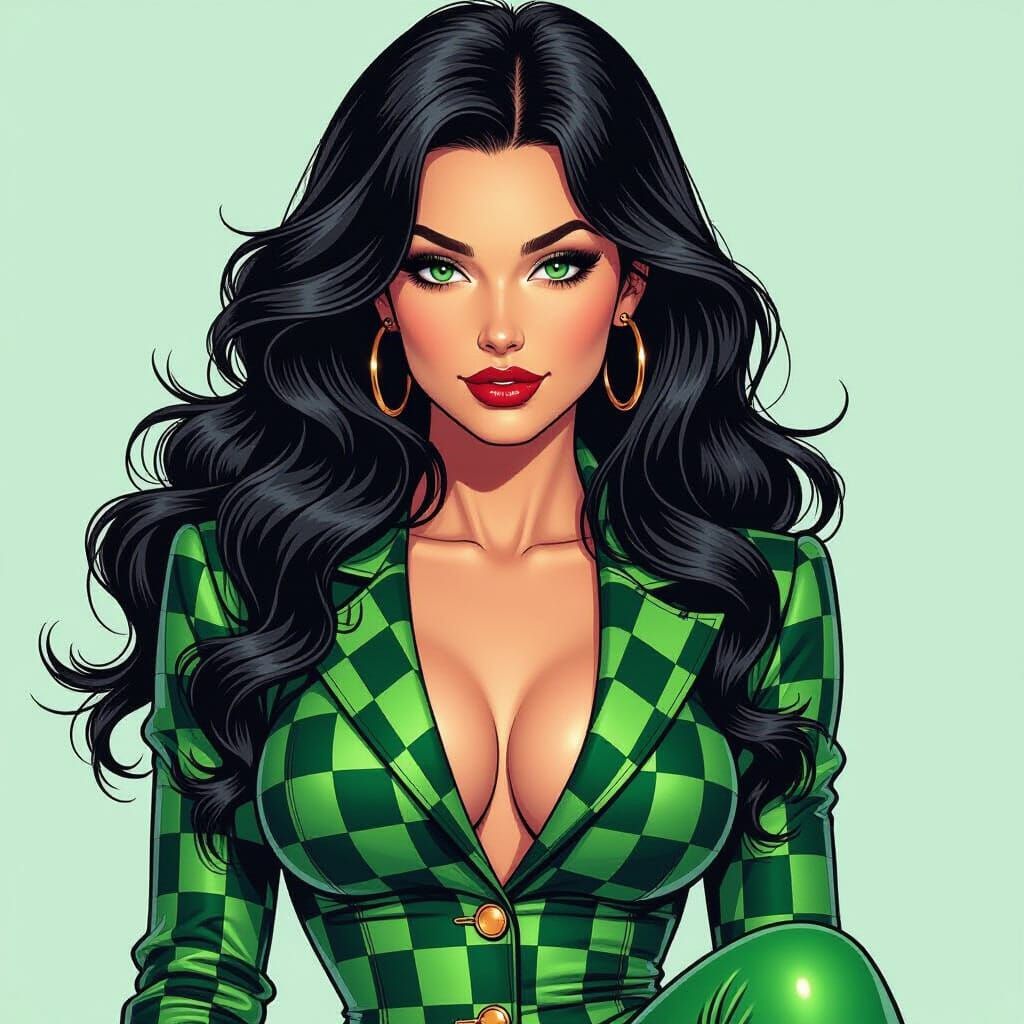 Green-Eyed Woman in Checkered Suit, Comic Book Style