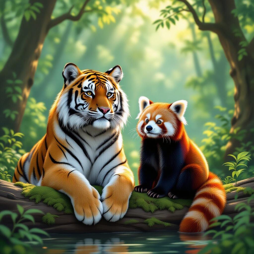 Tiger and Red Panda in Enchanted Forest